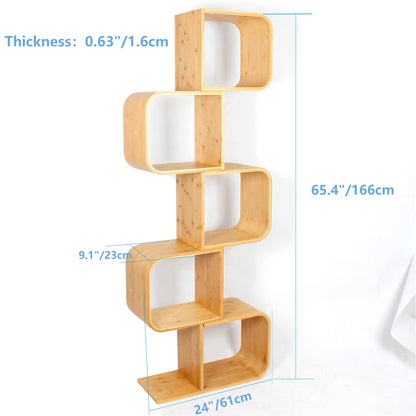 briteman S-Shaped Geometric Modern Bamboo Bookshelf, Large Capacity Creative Display Curved Rack Free-Standing 2 in 1 Bookcase Storage CDs, DVDs Book Shelf for Home, Office, Living Room (NEW 5-Tier)