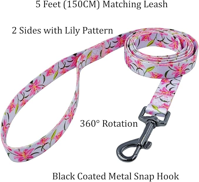 Dog Collar Leash Set, Floral Pattern, Polyester Material, Adjustable Collar and 5ft Matchcing Leash, for Large Dogs.(L, Purple Lily)