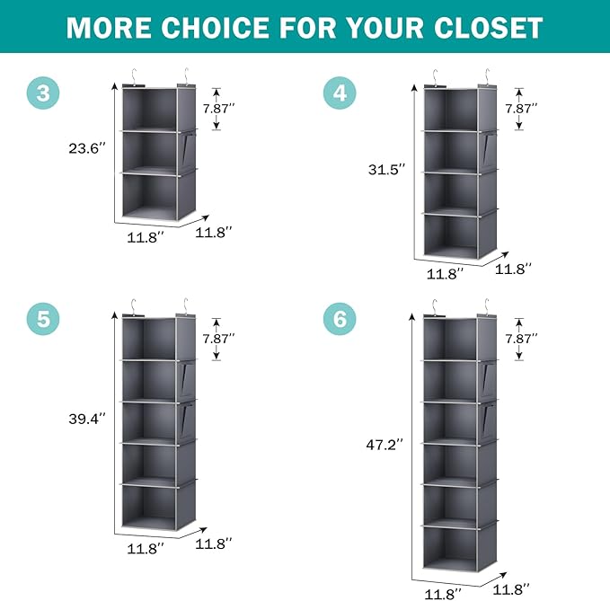 YOUDENOVA Hanging Closet Organizer, 4-Shelf Closet Hanging Storage Shelves