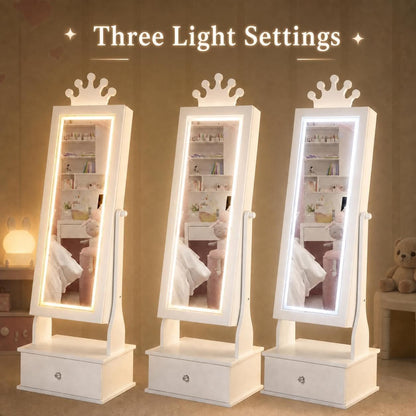 Garvee Kids Jewelry Armoire with Full Length Mirror, LED Lights, Adjustable Angle, Lockable Jewelry Cabinet for Girls, Standing Organizer, Gift for Girls