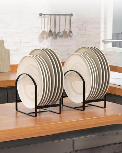 LINFIDITE 2 Pack Kitchen Plate Holder Organizer for Cabinet Space Saver Dinner Dish Plate Storage Rack Upright Dish Drying Racks Metal Dish Racks Stand for Cupboard and Countertop Large Black