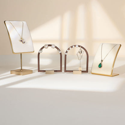 GemeShou 3pcs Wooden stud earring organizer holder, walnut earring hangers with brass base, Small Cute earring display for selling with 9 holes for each【Arch frame-3pcs】