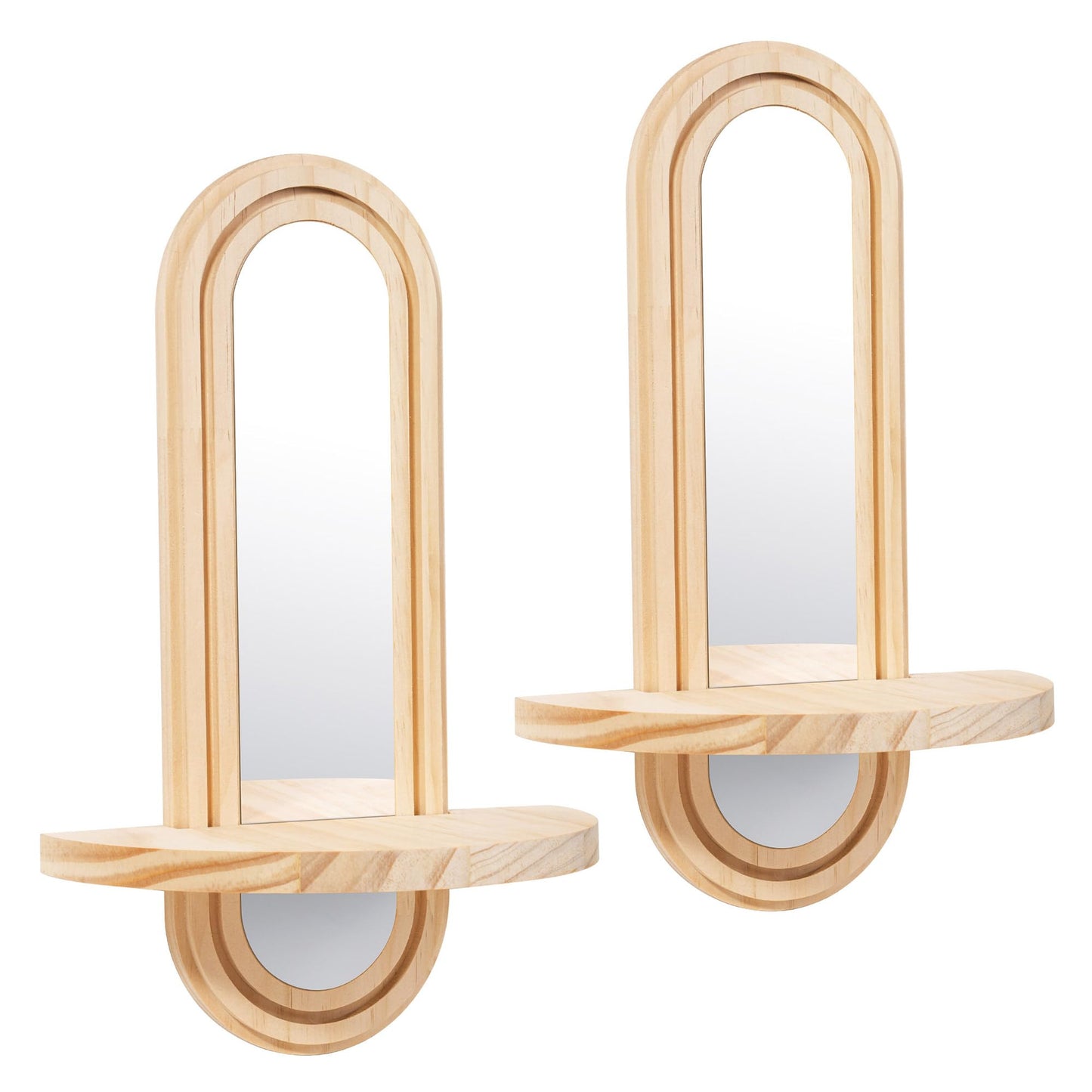 WUTAOBON Wooden Wall Floating Shelves, 2PC Boho Arched Wall Shelf,Decorative Mounted Display Shelf with Acrylic Frameless Mirror, Nature Wood Shelves for Home Holding Planter Decoration