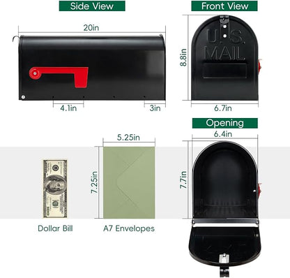 BlissBoard Mailboxes for Outside, Galvanized Steel Medium Black Metal Mailbox, 20 x 8.7 x 6.7 Inches