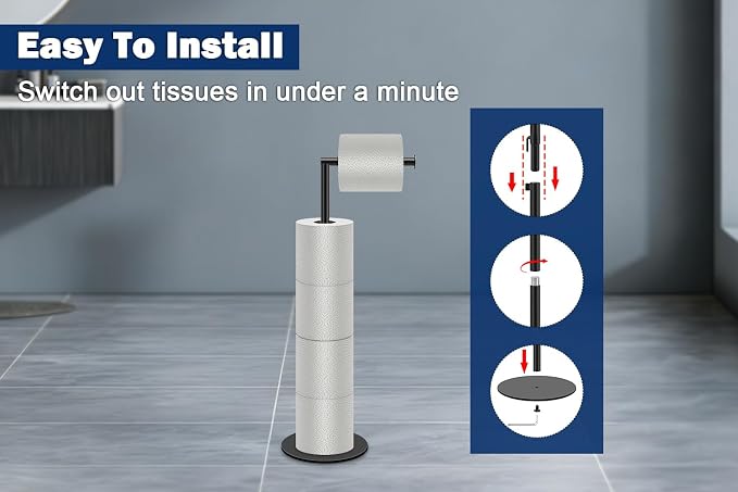 NearMoon Bath Toilet Paper Holder Stand- Modern Tissue Roll Holder Standing with Balanced Base, Rustproof Toilet Roll Holder for Bathroom/Kitchen Countertop (Matte Black, Metal Base)