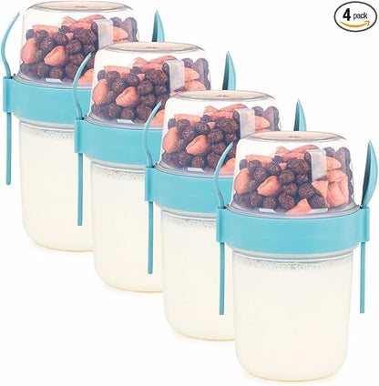 4 Pack On The Go 22 oz Breakfast Cups with Lids and Spoon, Reusable Cereal Yogurt Cup with Topping Plastic Overnight Oats Container for Granola Oatmeal (22 oz - Turquoise- 4 Pack)