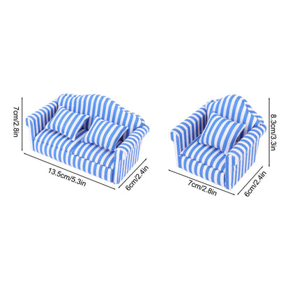 Miniature Dollhouse Sofa Set,3Pcs Pine Cloth Light Color Strip Blue 1:12 Scale Dollhouse Furniture for Collectors and Miniature Enthusiasts