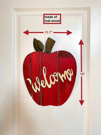 STC World Apple Welcome Wall Door Room Decor Hanging Wooden Art Home Office Indoor Outdoor (Red Apple Welcome)