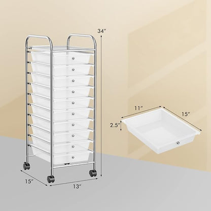 COSTWAY 10-Drawer Rolling Storage Cart, Utility Mobile Trolley with Removable Drawers & Universal Casters & 2 Brakes, Versatile Flexible Drawer Organizer Cart for Home, Office (Clear)