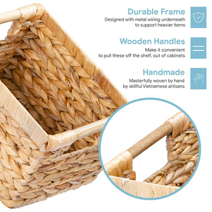 Small Wicker Baskets for Organizing Bathroom, Hyacinth Baskets for Storage, Wicker Storage Basket with Wooden Handle, Decorative Small Basket 10 x 7.5 x 6.3 inches - 3 Pack