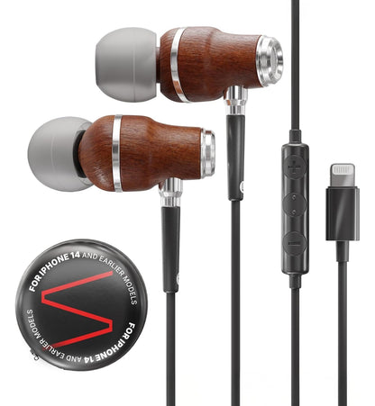Symphonized iPhone Earphones Wired Deep Bass Sound, 3D Sound, Microphone Volume Control, 90% Noise Cancelling, Bubinga Wooden with Lightning (Apple MFI Certified), iPhone SE to 14 Earbuds (Black)