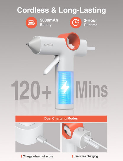 CLEVAST Cordless Hot Glue Gun, 5000mAh Rechargeable Mini Glue Gun with 30 Glue Sticks Set, 40s Fast Heating, Anti-Drip, Auto Shut-Off, Portable Kit for Arts & Crafts, DIY Projects & Home Repair