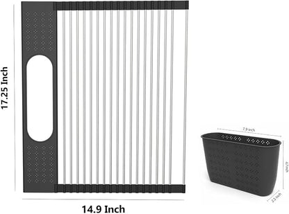 Roll Up Dish Drying Rack Over Sink, 17.5" x 15.2" Foldable SUS304 Stainless Steel Kitchen Dish Drainer, Heat-Resistant Multipurpose Rolling Sink Rack Organizer,Black