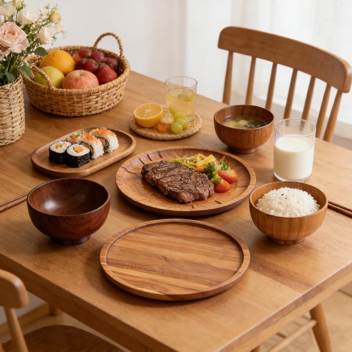 12 Pcs Wood Dinnerware Set,8 Inch 10 Inch Round Wooden Plates and wooden bowl,4 Person Set of Wooden Dinner Ware Set for Main Meals,Snacks and Desserts