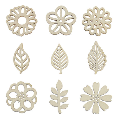 Micro Traders 100PCS Flower & Leaf Shapes Wooden Slices Wooden Embellishments Decorative Wood Chips Ornaments for DIY Scrapbooking Card Making Crafts