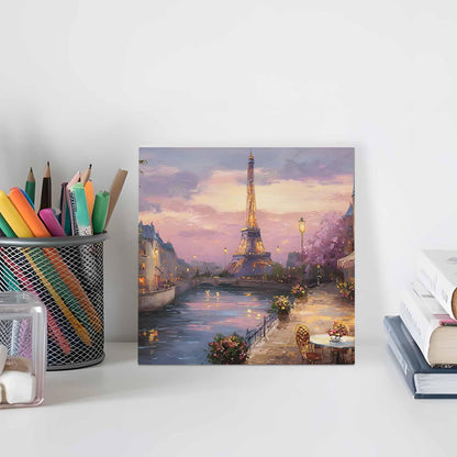 Eiffel Tower Wood Box Sign Desk Decor, Modern Purple Sunset Bridge River Night View Decorative Wooden Block Box Sign Decorations for Home Office Shelf Table Decor 6x6 Inches