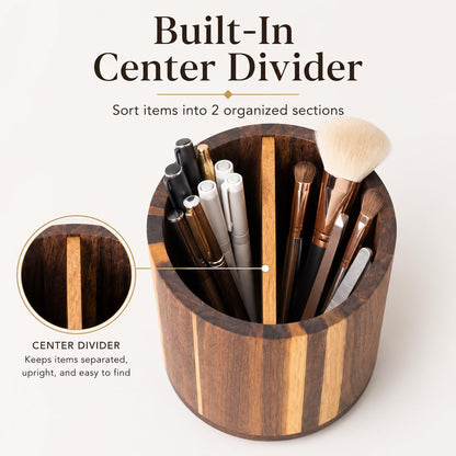 7.5x6.8Inch Large Acacia Wood 360° Rotating Utensil Holder, Round Wooden Kitchen Organizer with Center Divider, Wood Desk Pen Holder, Makeup Brush Holder, Countertop Storage Caddy for Kitchen, Office