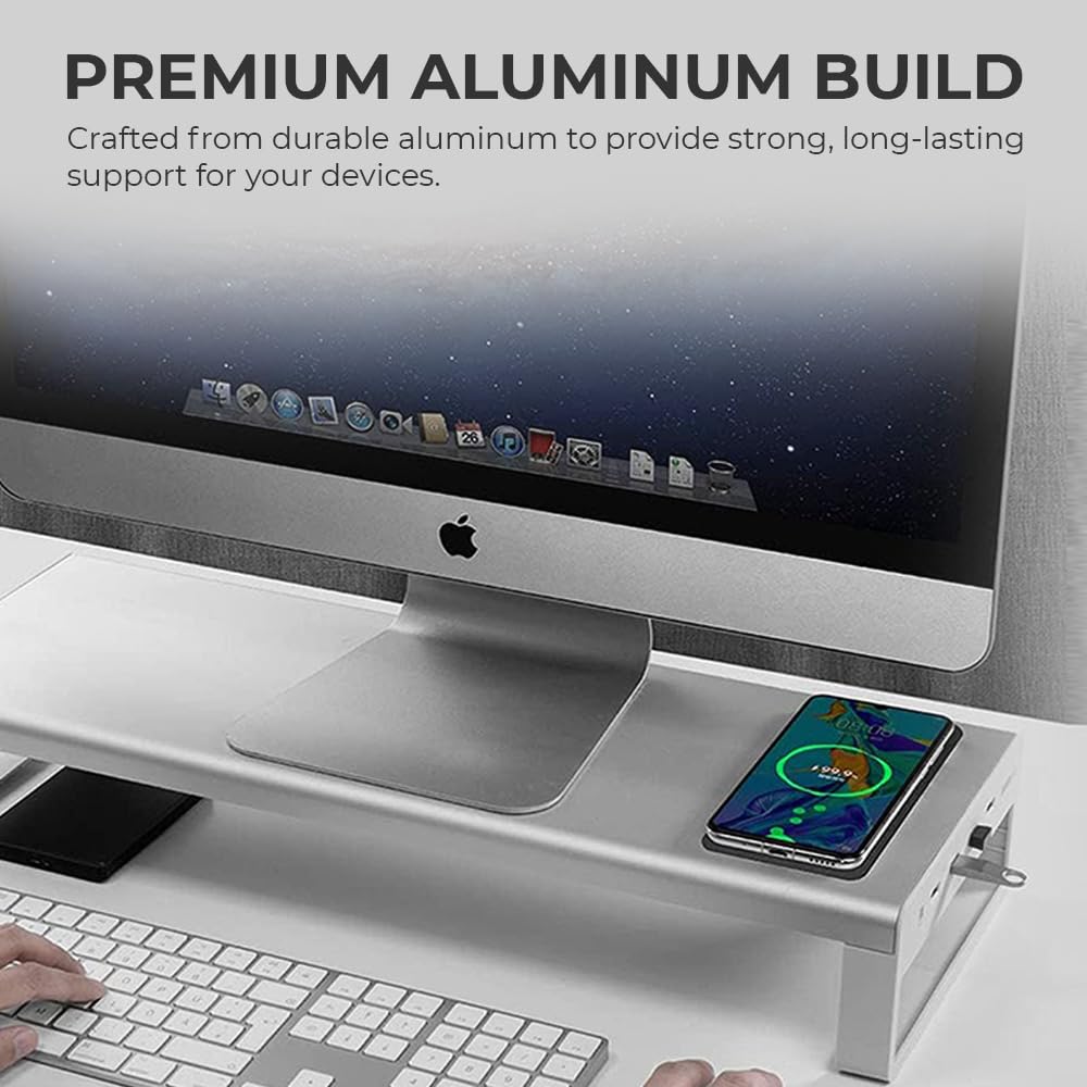 OTM Essentials Aluminum Monitor Stand with 4 USB Ports, Non-Slip Padding & Tilted Surface, Slim Computer Monitor Riser for Laptop, PC & Gaming Desk Organizer, Silver Finish for Home & Office Setup