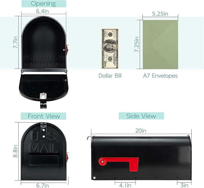 Mailboxes for Outside Post Mount, Black Metal Mailbox, Standard Size, 20 x 8.7 x 6.7 Inches