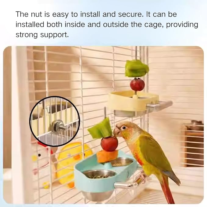 Bird Feeder Birds Bowls Stainless Steel Dishes Coop Cups with Fruit Skewer, Parrot Feeding Dish Cups Food Water Bowls with Bird Food Holder for Budgies Lovebirds (Blue,Square)