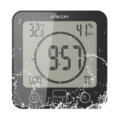 Digital Bathroom Shower LCD Wall Clock with Suction, Waterproof Temperature Humidity Gauge, Touch Screen Timer, Large Countdown Timer (Black)