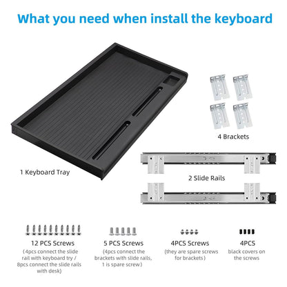TOOCUST Under Desk Keyboard Tray, 20" Wx11"D Sturdy Key Board Tray Under Desk Slide with Pen Tray, Desk Extender with Pen Holder,Black