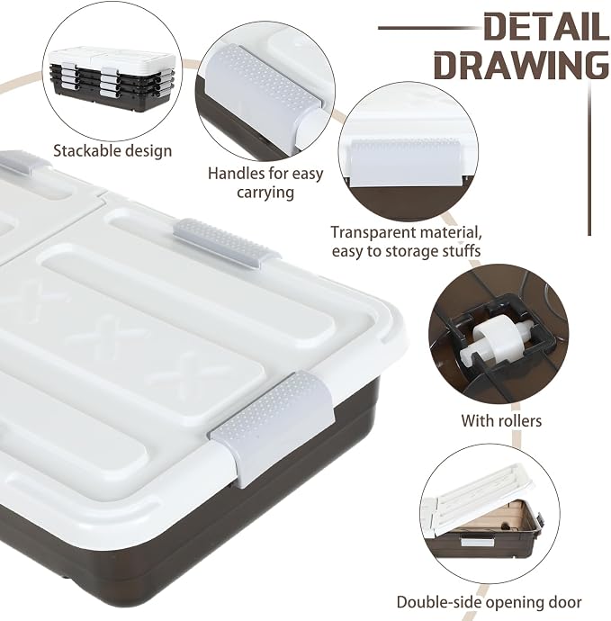 Beeveer 4 Pcs Plastic Under Bed Storage Container with Double Opening Lid Wheel Handle, Transparent Large Capacity Stackable Latching Festival Storage Bin for Closet Bedroom, 31.5x15.8x5.2 In(Brown)