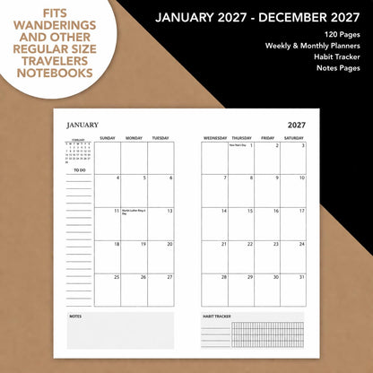 Wanderings Traveler's Notebook Calendar Refill Inserts - 4.25 x 8.25" (11cm x 21cm) - January 2027 - December 2027- Calendar Planner Refills For Leather Travel Journals, Diaries and Planners