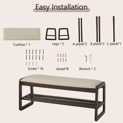 Achicsofar Shoe Rack Bench,2 Tier Wooden Entryway Bench with Shoe Storage, Shoe Rack with Cushion for Living Room, Hallway(Pu Beige, 39.4")