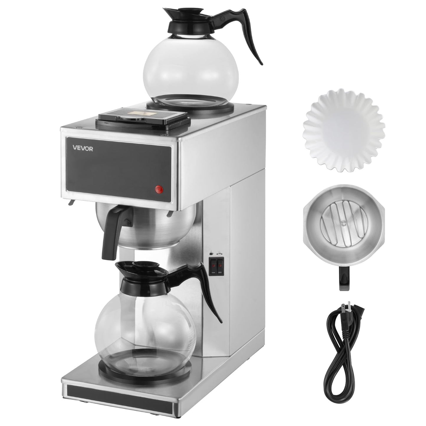 VEVOR Commercial Drip Coffee Maker, 12 Cups Coffee-Maker Machine with 2 Glass Carafes and 2 Decanter Warmer Plates, Stainless Steel Drip Style Coffee Brewer, for Restaurant, Office, Coffee Shop & Home