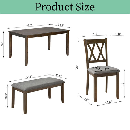 Trygoal Dining Table Set, Wooden Kitchen Table Set with Rectangular Table, 4 Vertical X Backrest Upholstered Chairs & a Bench, Table and Chairs with Non-Slip Feetmats for 6 People, Living Room, Walnut