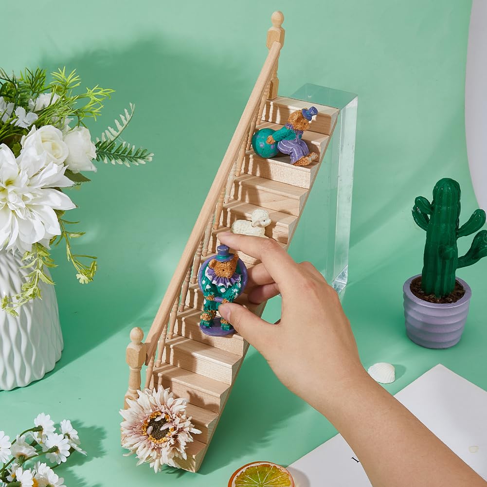 DICOSMETIC 2 Sets 2 Styles Miniature Dollhouse Stairs 1:12 Scale Wooden Stairs Miniature Ornaments with Single Left Right Handrail Dollhouse Furniture Model for Scene Landscape Decor
