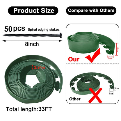 Landscape Edging 33FT,Garden Edging Borders [Extra Tall 4IN High] Flexible Lawn Edging Kit with Total 50pcs Stakes,Mini Plastic Fence Edge Used for Yard,Flowerbeds,Landscaping,Grass,Tree -Green