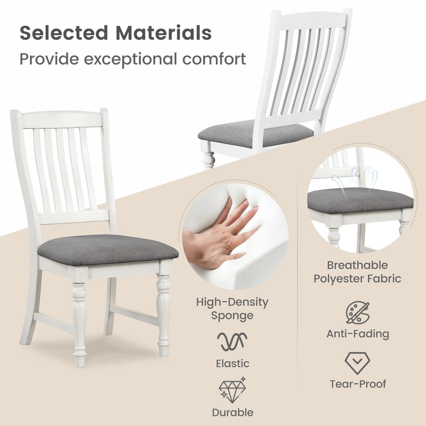 Giantex Wood Dining Chairs Set of 2, Farmhouse Kitchen Chairs with Solid Wood Frame, Max Load 355 Lbs, Armless Upholstered Dining Side Chairs with Cushion Seat, Slat Back Dining Room Chair, White