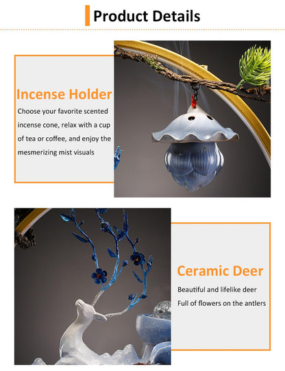 CIFUPUQU Tabletop Water Fountain, 17.3”Tall Deer Statue Waterfall Fountain with Incense Holder, LED Light & Adjustable Pump, Zen Relaxation Desk Fountains for Office,Living Room or Bedroom
