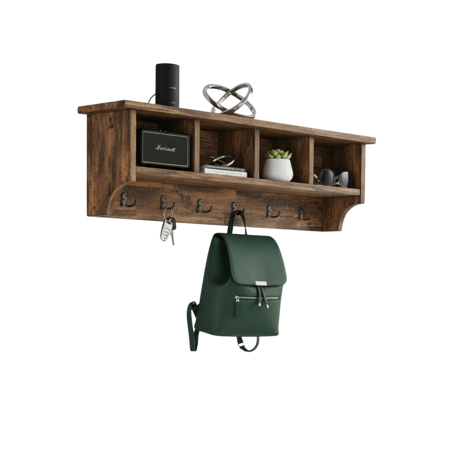 Alaterre Furniture Pomona Entryway Coat Rack – Rustic Farmhouse 48-Inch Wall-Mounted Coat Rack with 6 Double Hooks & 4 Open Cubbies – Solid Wood Mudroom Storage for Entryway or Hallway (Rustic Brown)