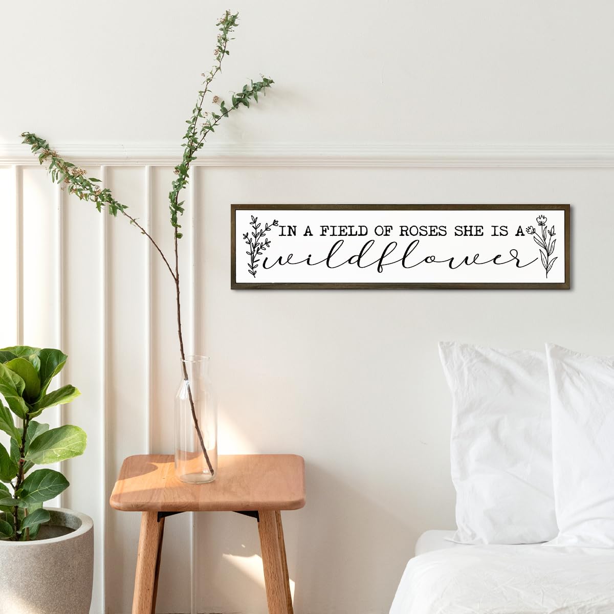 Inspirational Wood Sign, In A Field of Roses She is A Wildflower Sign, Bedroom Decoration for Wall, Girls Room Decor, Floral Home Decor, Decorative Wooden Wall Plaque 17.8x4x1.18 inches