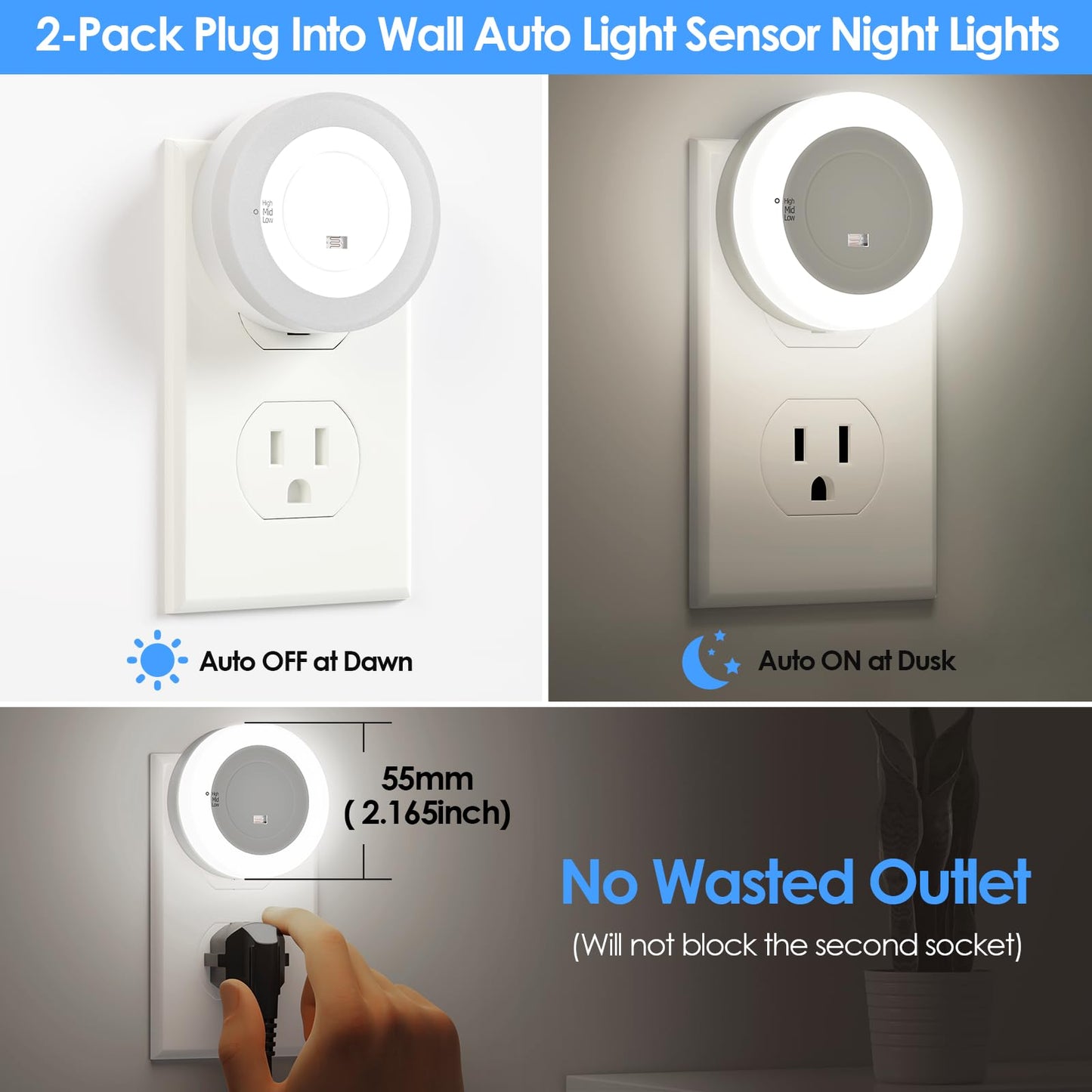 FOLKSMATE LED Night Lights Plug in, Dimmable Nightlight Plug Into Wall with Light Sensor, Soft White Adjustable for Adults, Bedroom, Bathroom, 2-Pack