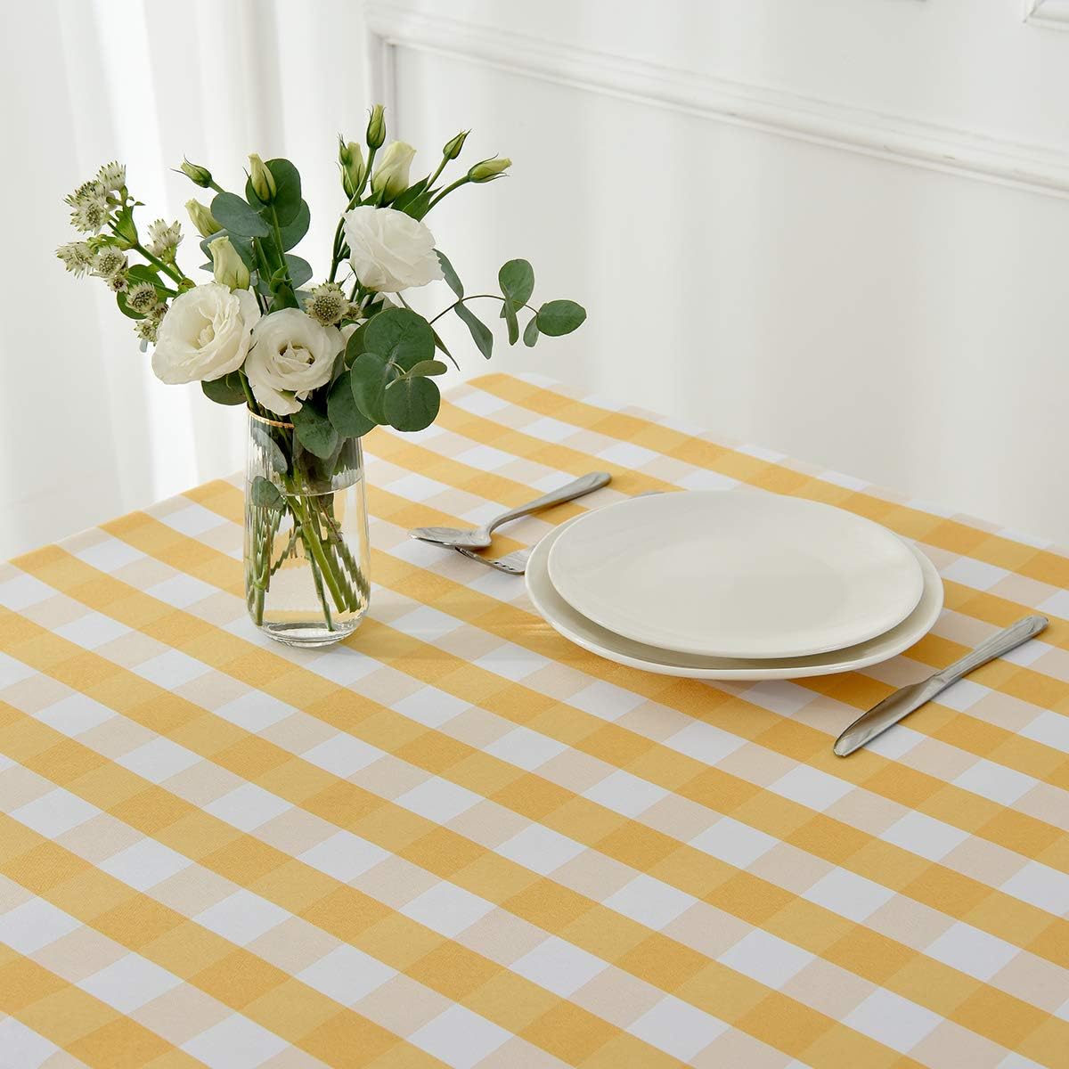 maxmill Checkered Rectangle Tablecloth Water Resistance Wrinkle Free Spillproof Heavy Weight Gingham Plaid Table Cloth for Buffet Banquet Parties Holiday Dinner, 60 x 84 Inch Yellow and White