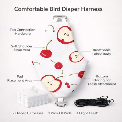 2PCS Bird Diaper Harness Kit with Disposable Pads and Flight Training Leash, Reusable Bird Diaper for Parrots Cockatiels Conures and Parakeets, Adjustable Bird Harness for Indoor Use(M)