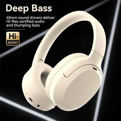SunoFi Hybrid Active Noise Cancelling Headphones, Wireless Over Ear Bluetooth Headphones with Mic, 40H Playtime, Hi-Res Audio, Deep Bass, Foldable Comfort Fit Ear Cups for Travel, Office, Home (White)