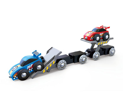 Hape Race Car Transporter | Six-Piece Wooden Toy Train Car Transport Set for Kids