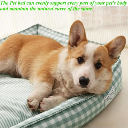 Orthopedic Rectangle Dog Bed for Medium Small Dogs, Plaid Plush Modern Puppy Sofa Bed with Anti-Slip Bottom, Cute Calming Pet Bed(Green,Medium)