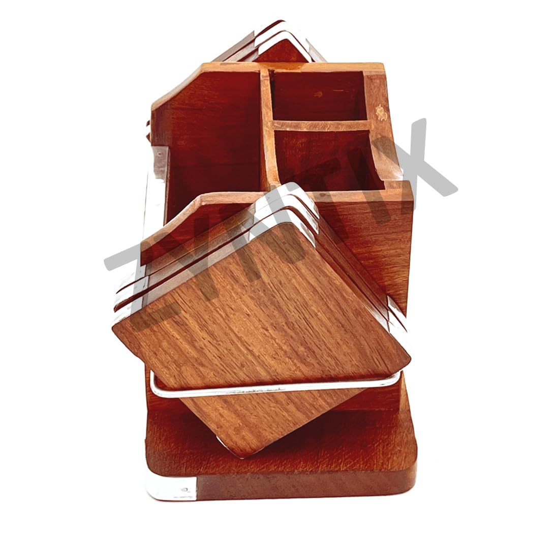 ZYNTIX Wooden Tea Coaster with Multi Holder - Silver Inlay, Handmade Coasters Set of 6 - Ideal Pencil Case, Teacher Supplies, Desk Organizer for Home and Office Decor