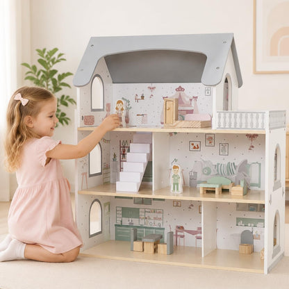 Wooden Dream Playhouse for Girls with Balcony,Doll House for Kids with Furniture,DIY Pretend Play House Toy, Children Dollhouses Toys with 12 PCS Accessories,Birthday Gifts for Boys Girls Ages 3+