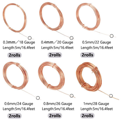 BENECREAT 12 Rolls 196 Feet Dead Soft Copper Wire, 18/20/22/24/26/28 Gauge Solid Bare Copper Wire for Jewelry Making, Gem Wrapping