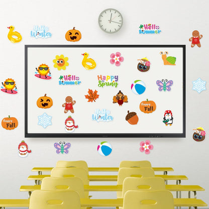 Haooryx Spring Summer Fall Winter Classroom Cutouts Bulletin Board Set - 120Pcs Seasonal Classroom Decoration Paper Cut-Outs Blackboard Border Trim for School Classroom Whiteboard Window Wall Decor