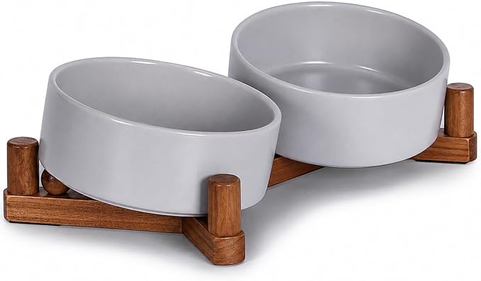 Ceramic Dog Bowl and Cat Bowls Set with 15° Adjustable Wood Stand, Non-Slip Weighted Pet Food and Water Bowls, Dual Raised Feeder for Small Dogs, Matte Glaze Pet Dish 13.5oz Set of 2 (Gray & Chestnut)