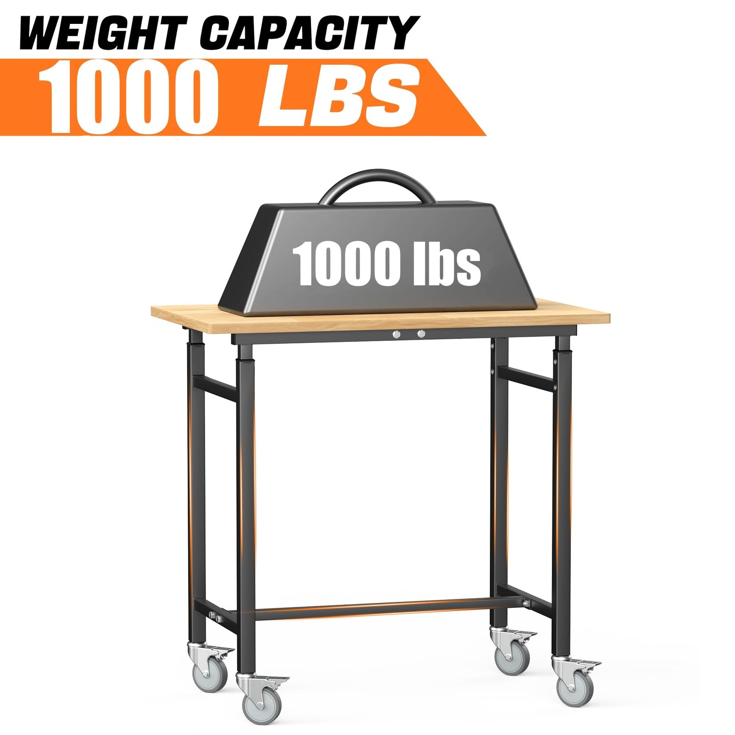 TORACK Adjustable Workbench with Rubberwood Top, Rolling 32" x 18" Heavy-Duty Garage Work Table with Wheels, Height Adjustable 28"–38"