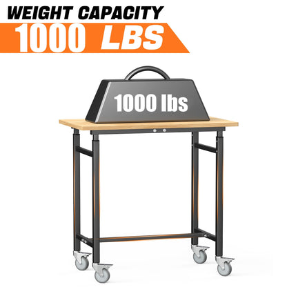 TORACK Adjustable Workbench with Rubberwood Top, Rolling 32" x 18" Heavy-Duty Garage Work Table with Wheels, Height Adjustable 28"–38"